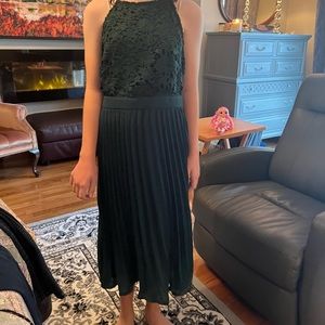 SHEIN size small formal hunter green dress with crochet detail on top and pleats